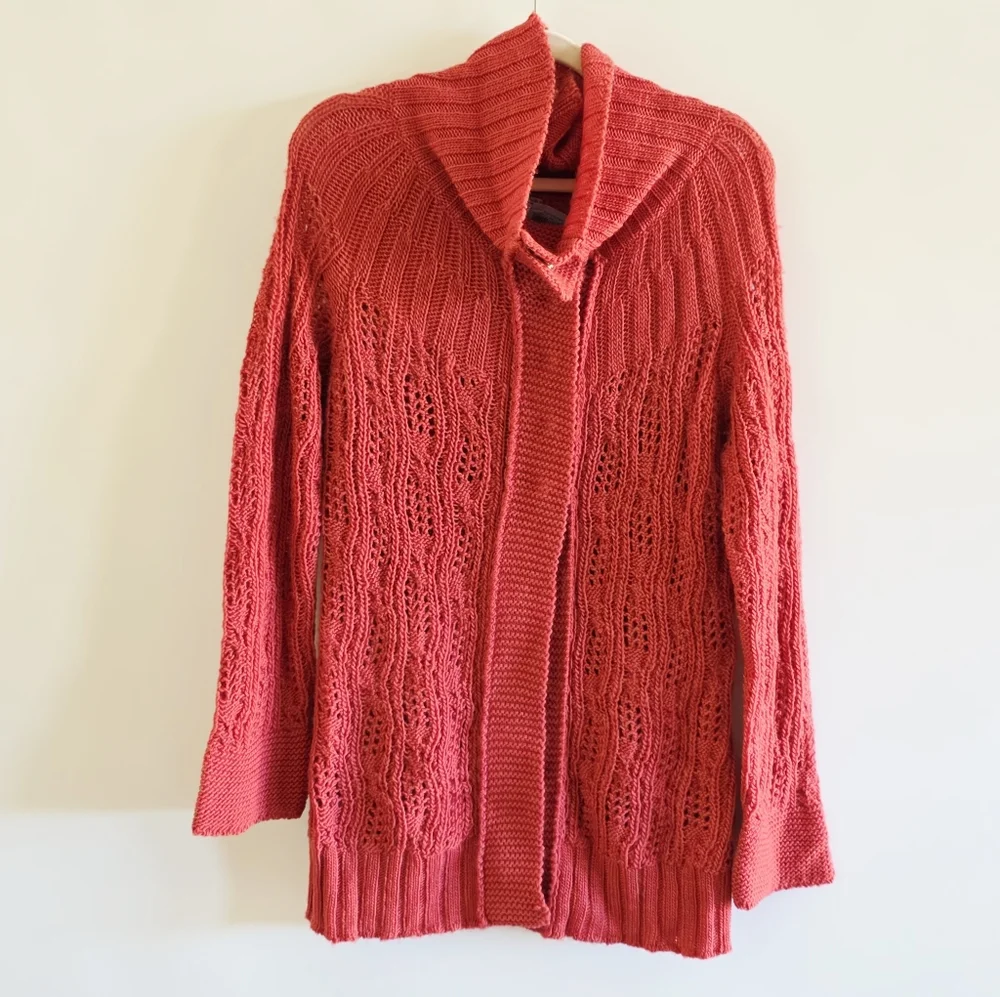 Free People Oxid Orange Turtleneck Wool Open Knit Sweater Cardigan Women Size M - Picture 3 of 8